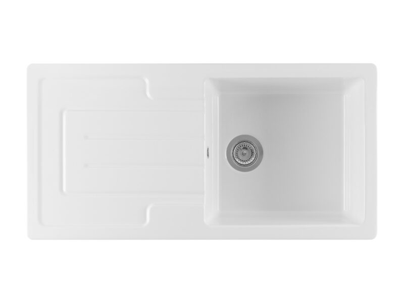 Fireclay 1 Comite| Fireclay Style 1 Bowl Kitchen Inset Sink & Drainer with Strainer Waste | Gloss White - Image 1