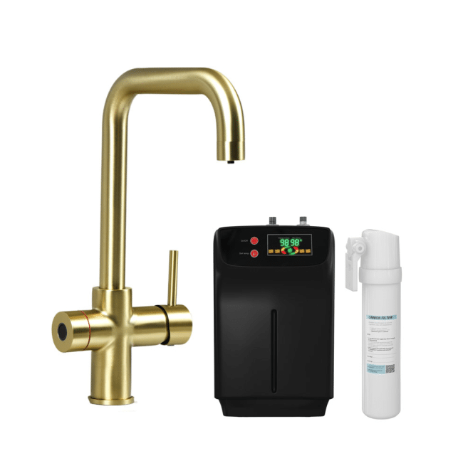Brushed Brass Biometric Hot Water Tap1 Impromta Biometric Brushed Brass 3-in-1 Square Neck Boiling Hot Water Tap - Image 1
